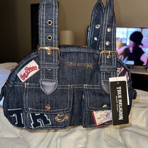 True religion, denim, patchwork satchel